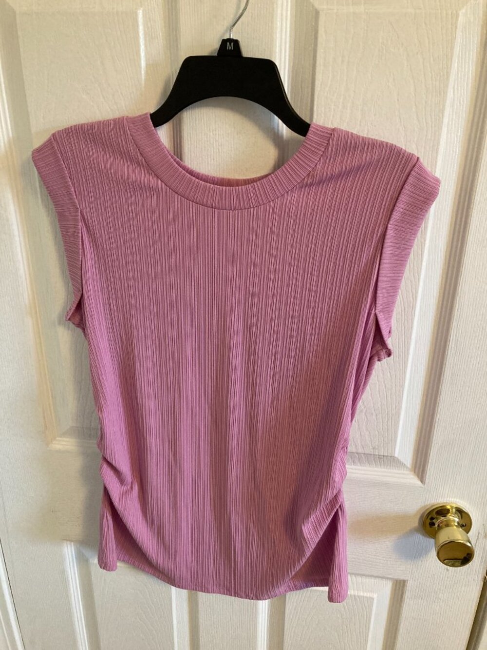 Nine West Cap Sleeve Top Size Large Pink Ribbed Ruched - Picture 2 of 5